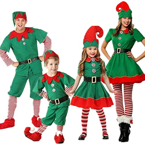 Yoisdtxc Weihnachtselfenkostüm für Damen und Herren, Weihnachtsmann-Kleid, Oberteil + Hose, Beinwärmer + Hut + Gürtel, Weihnachtselfen-Rollenspiel-Kostüm