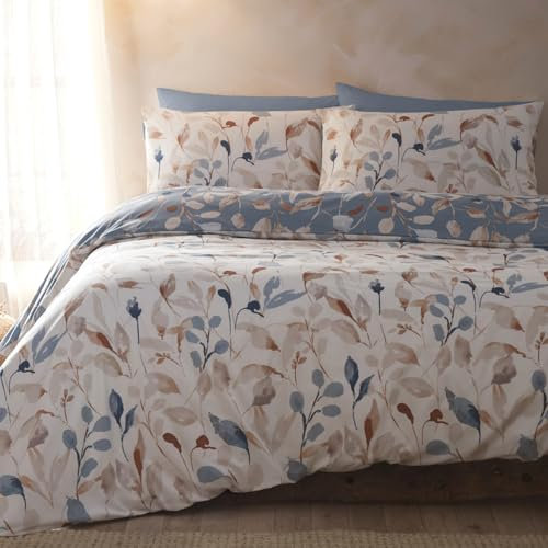 Drift Home - Copripiumino ecologico con foglie floreali - Letto king size (230 x 220 cm) - Design reversibile - Cotone riciclato sostenibile (BCI) - 2 federe - Biancheria da letto blu/naturale con