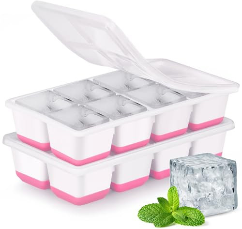 Large Ice Cube Trays with Lid, Jrisbo 2 Pack Stackable Silicone Ice Cube Molds for Freezer, Easy Release 16 Big Square Ice Trays for Whisky Cocktails (Pink)