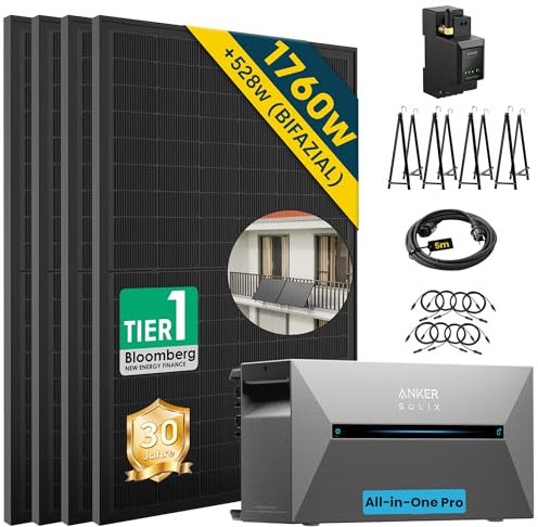 ALLDREI® Balkonkraftwerk mit Speicher 2 Pro, Solarbank E1600Pro All in One Stromspeicher 1,6kWh, Komplettset mit 4x440W Bifazialer Solarpanel & Smarten Zähler & Balkonhalterungx4