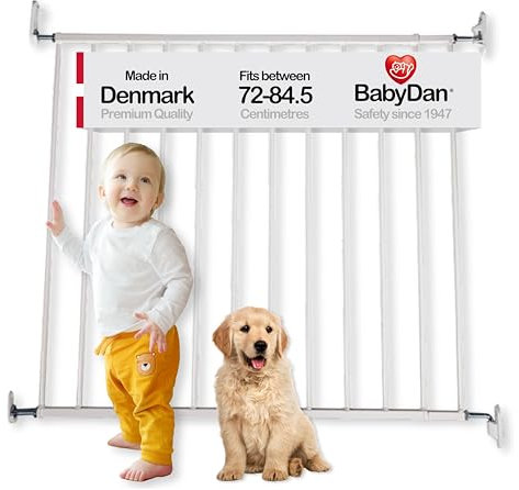 BabyDan Billund Safety Gate – Wall-Mounted Baby Gate for Openings 72-84.5 cm – No Bottom Bar Design for Safe Passage – White, Metal