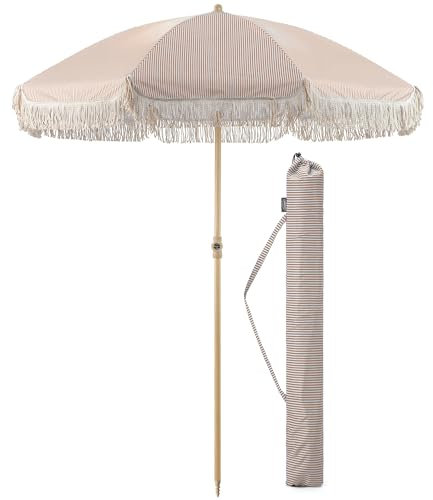 CHRISTOW Portable Garden Parasol with Tilt, 2m Cotton Tassel Beach Umbrella, Outdoor Patio Sunshade, Tilting Canopy, Wood Effect Steel Pole, UV50+ Sun Protection, Water Resistant, Bag (Taupe Stripes)