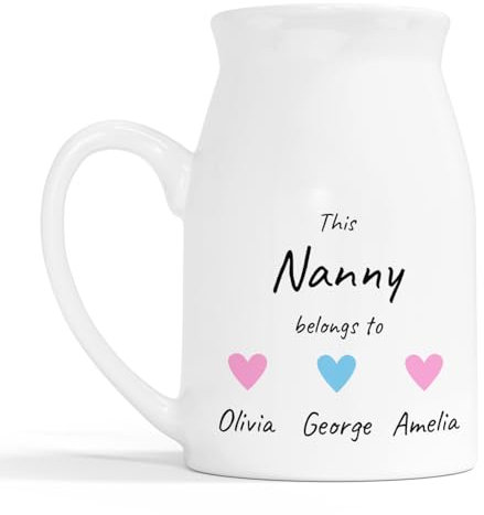 Personalised Nanny Milk Jug Vase – Custom Name & Heart Design – Gift for Nanny, Grandma, Mum – Mother’s Day, Birthday, New Mum Present, Baby Shower Keepsake, Rustic Home Décor