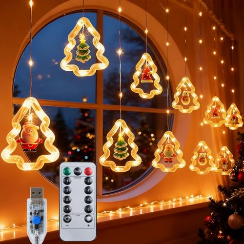 Qoosea Weihnachtsvorhang Lichterkette mit Fernbedienung, 100 LED USB Fairy Lights, 8 Beleuchtungsmodi, Timer-Funktion, IP44 Wassergeschützt, für Weihnachtsbaum, Fenster, Home Deko