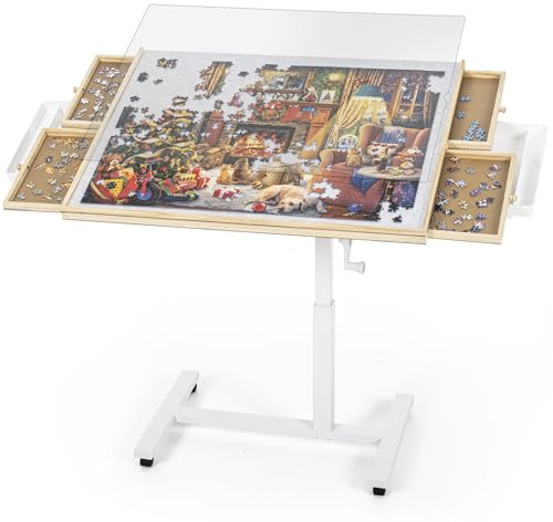 ROPODA 1500 Piece Jigsaw Puzzle Table, Jigsaw Table with 6 Drawers, Cover, and 4 Roller Wheels, Wooden Puzzle Board with 4 Tilt Angle & Height Adjustment, Tilting Tables for Adults Kids, 35 x 26.8 in