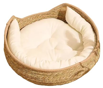 Générique Panier Rond pour Chat en rotin,Lit en Osier Rond Confortable,Fabriqué à la Main,avec Coussin en Coton,pour Toutes Les saisons-35cm