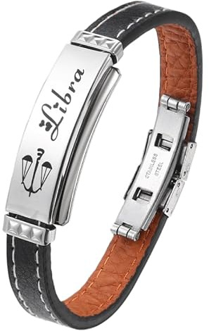 HUIANGLIYG Lederarmband Mit 12 Sternzeichen, Punk-Stil, Armband Mit Verschluss, Geburtstagsgeschenk Für Männer Und Frauen, Sternzeichen Waage, 21,5 Cm