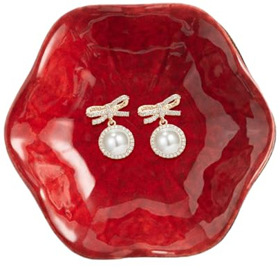 CavspkArt Plateau à bijoux en céramique, plateau à bijoux décoratif, petit plat à bagues, plateau à bijoux, assiette à clés, plat à bijoux en céramique cadeau pour femmes et filles (rouge)