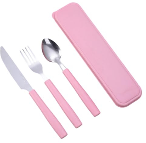 VAEIORP Set di Posate da Campeggio 3 Pezzi Posate da Viaggio in Acciaio Inox con Custodia Set Portatile per Esterni, Viaggi, Lavoro e Scuola (Rosa)