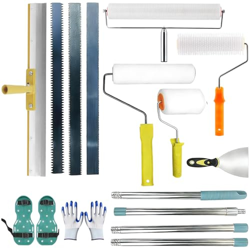 Kit de Herramientas de Autonivelación de Cemento con Rascador de Acero Inox, Palo Telescópico, Zapatos con Pinchos y Guantes, Rodillo de Púas para Autonivelante de Piso Epoxi y Nivelar Suelo Compuesto