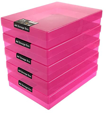 WestonBoxes A4 Colourful Transparent Plastic Craft Storage Boxes with Lids for Art Supplies, Paper and Card (Pink/Pack of 5)