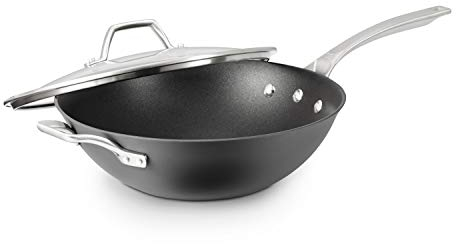 Calphalon Signature - Wok de fondo plano anodizado duro con revestimiento antiadherente, negro, 12 pulgadas