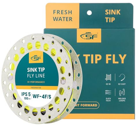 SF Hi-Viz Fliegenschnur zum Fliegenfischen mit sinkender Spitze, Gewicht nach vorne, konische Fliegenschnur, sinkende Schnur für Süßwasser, 30 m, IPS5 WF4F/S, fluoreszierendes Gelb und Schwarz