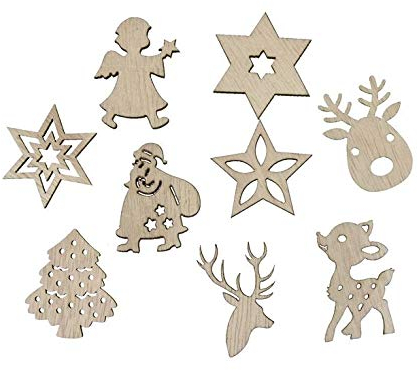 72 STK Holzteile Elch Rentier REH Baum Stern Schneeflocke Weihnachtsmann Hirsch oth9142 braun Natur Weihnachtsdeko Basteln Holz 72er Set Schneeflocken 4cm Winter Weihnachten Basteln Kindergarten
