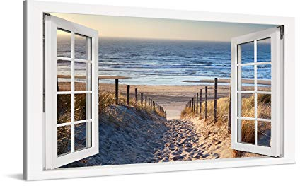 PICANOVA – Canvas Print 100x50 cm – Canvas Art Print Wall Art – Wall Decor Picture Stretched on Wooden Frame – Path to the Sea Window Beaches Collection