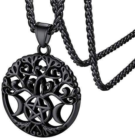 FaithHeart Celtic Jewellery for Man Black Steel Large Life Tree Pendant Pagan Necklace Talisman Amulet Accessories (Gift Box Send)