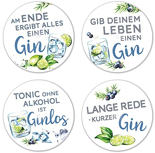 Interluxe LED Untersetzer RUND 4er Set - Gin *weiß* mit Sprüchen - Vier leuchtende Design Untersetzer als Tischdeko, Geschenkidee, Party, Ginliebhaber