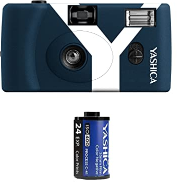 YASHICA MF1 dark blue 35mm camera set (camera+insert film+battery+strap) a SUSTAINABLE disposable rechargeable camera
