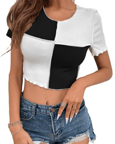 Damen Sommer Patchwork Plaid Crop Top Weiß Schwarz Casual Slim Crewneck Kurzarm Bluse Tops T-Shirt Pullover, schwarz, Klein