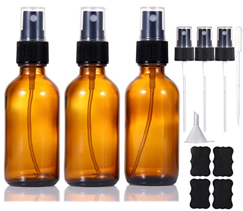 LIYUABU Botellas Spray Vidrio Marrón de 60ml,pequeña botella vacía de perfume de niebla fina,reutilizable,botella spray de viaje para cosméticos con boquilla de pulverización adicional (3 unidades)