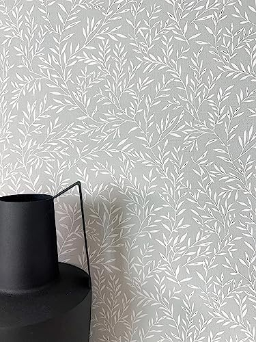 NEWROOM Tapete Grau Vliestapete Zweige - Vintage Floral Weiß Blätter Blumentapete Romantisch Blättermuster Zweige inkl. Tapezier-Ratgeber