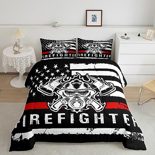 Bettwäscheset mit amerikanischer Flagge, Queen-Size-Größe, Feuerwehrmann-Bettwäsche-Set, weiße Sterne, Streifendruck, Bettwäsche-Set, 3-teilig, für Kinder, Jungen, Teenager, Schlafzimmer, Dekoration,