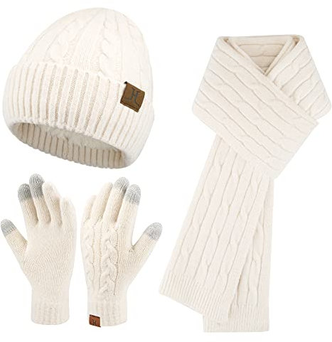 ZASFOU Damen Winter Mütze Schal Touchscreen Handschuhe Set Thermo Strickmütze Beanie Wintermütze Schals Winterschal Winterhandschuhe Geschenk für Frauen