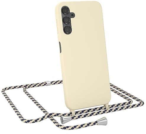 EAZY CASE - Handykette austauschbares Band - kompatibel mit Samsung Galaxy A14 5G Silikon Necklace(abnehmbar),Stoßdämpfung bei Sturz, Taupe mit Taupe/Blau Camouflage Clip Silber