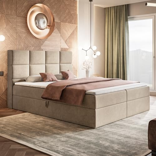 MOTIVENA Alfa Boxspringbett 160x200 mit Bettkasten und Topper, Polsterbett 160x200 mit Bettkasten, Bonellfederkern-Matratze (H4), T28 Komfortschaumstoff Topper (H3), Samt, Beige
