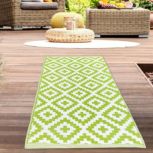 CARPETIA Outdoor Außen Teppich wetterfest Kunststoff Camping Vorzeltteppich Gartenteppich Balkonteppich kurzer Läufer Rautenmuster grün-weiß 90 x 150 cm
