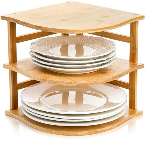 Goaste 3-Tier Bamboo Corner Shelf, Kitchen Countertop Storage Organizer, Cabinet Plate Rack for Pantry Organization, Bathroom, Desktop, 9.5 x 9.5 x 9.5 Inch