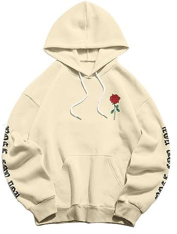 Pullover in Kastenform Damen-Kapuzenpullover „Rose For You“ mit Buchstaben-Rose-Aufdruck, langärmelig und Taschen Dicker Schlafanzug Kinder (Beige, M)