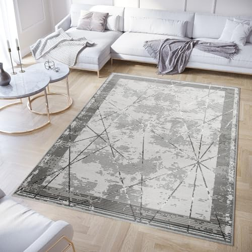 TAPISO Crystal Teppich Kurzflor Glänzend Dunkelgrau Grau Rahmen Streifen Geometrisch 3D Effekt Wohnzimmer Schlafzimmer Modern Design ÖKO-TEX 250 x 350 cm | Geometrisch 3D Effekt Wohnzimmer Schlafzimmer Modern Design OEKO-TEX