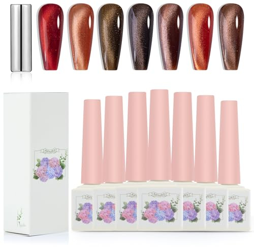 Adhere 12ml of 7pcs Magnetic Cat Eye Nail Gel Polish Kit - Reflective Cat Eye Gel Polish Kit with Magnet Sticker Glitter Magnetic Gel Nail Varnish Soak Off UV Gel Nail Polish