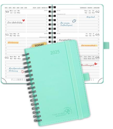 POPRUN Taschenkalender 2025 Klein Ringbuch mit Softcover, ca. A6 (16 x 10,5 cm) - Kalender 2025 Klein (Jan.2025-Dez.2025) - Terminplaner 1 Woche 2 Seite mit Plastiklineal - Mintgrün