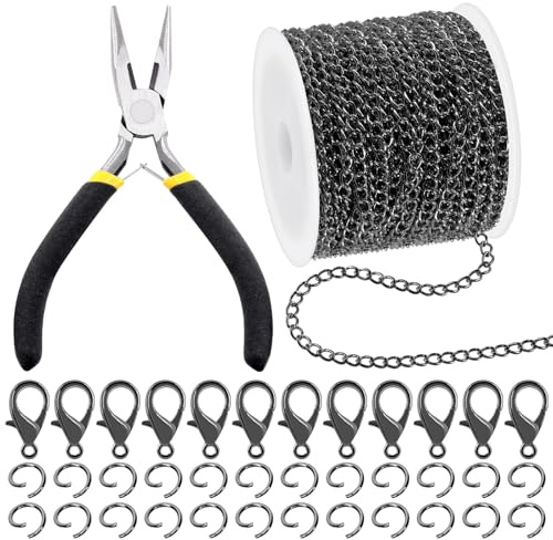 Mardatt 102 Stück Schmuck machen Ketten Kit, 10 Yards Halskette, 50 offene Sprungringe, 50 Fischhakenverschlüsse, Chain Nose Pliere (Schwarz)