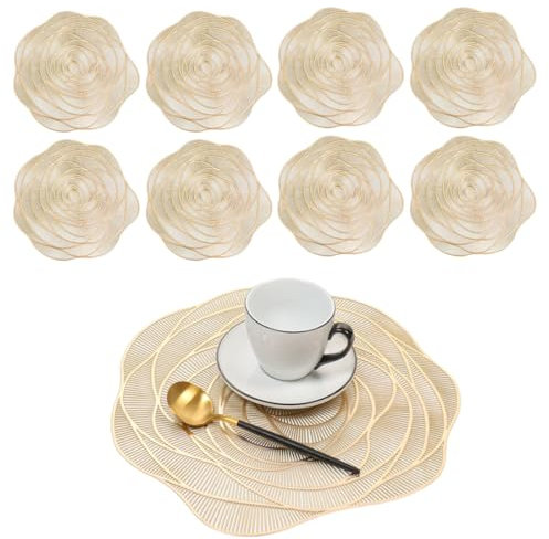 MWUMRCM Lot de 8 Dessous de Verre, dessous de verre motif de roses de 10 cm avec support en PVC de 10 cm, dessous de verre rosette pour verres, tasses, vases, Or