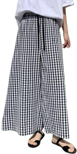 Culotte à carreaux larges pour femme - Pantalon vichy taille haute élastique - Pantalon palazzo court avec poches - Pantalon habillé à carreaux pour femme, Noir , M