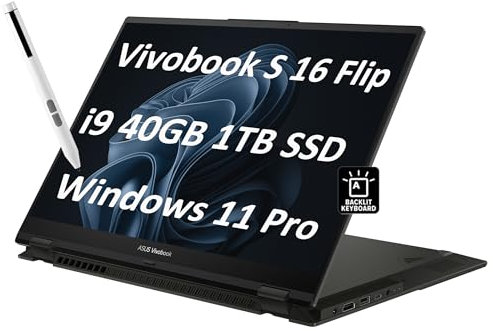 ASUS Vivobook S 16 Flip Ordinateur portable 2-en-1 (16 FHD+ écran tactile, Intel 14-Core i9-13900H, 40 Go de RAM, SSD 1 To, IST HUB) pour Creator, Photographe, Designer, KB rétroéclairé, Win 11 Pro w