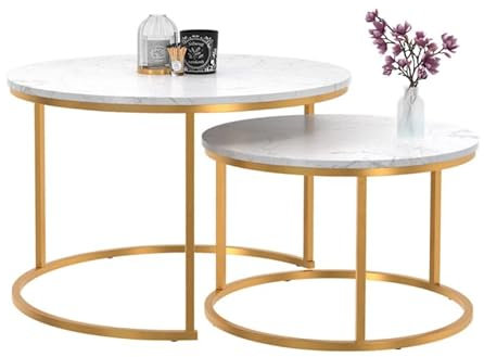 IDMarket - Lot de 2 Tables Basses gigognes Alaska Rondes 54/70 Effet marbre et Pied doré