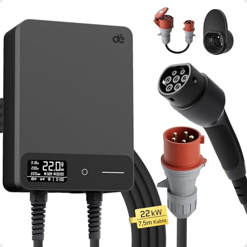 dé Typ 2 Wallbox 22kW mit APP und RFID, 6-32A 3-Phasen EV-Ladegerät 400V mit 7,5m Ladekabel und Kabelhalter für BEV/PHEV, RCD Typ-B & IP54-Schutz, effiziente Ladestation für Zuhause, schwarz