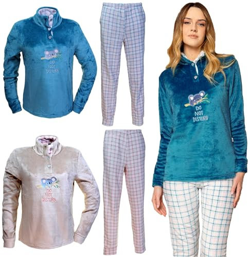 IRGE Pigiama Donna in Caldo Pile Coral Varie Fantasie 2190/2 (IT, Testo, L, Regular, Regular, 2190 Beige)