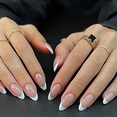 24PCS Classic White French Tip Press on Nails – Medium Length Handmade Acrylic Fake Nails with Glue, Elegant & Flexible Stick-On Nails for Women, Ideal for Any Occasion