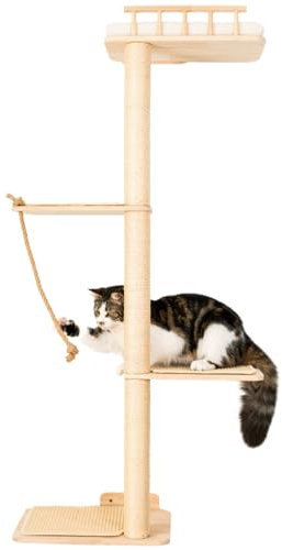 PURRLIS - Árbol de gato de pared de madera natural | Torre de escalada 132 cm con poste raspador, plataformas y percha | Estante de pared de diseño con cojín, alfombra y rascador para gatos