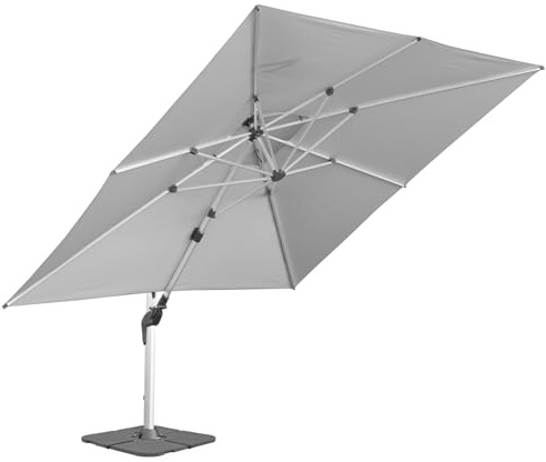 anndora Alu Ampelschirm 350 x 350 cm mit Kurbel – quadratischer Sonnenschirm 360° drehbar, schwenkbar & neigbar – wetterfest & UV-Schutz – inkl. Ständer + 4 Betonplatten 100 kg (Silber-Grau)