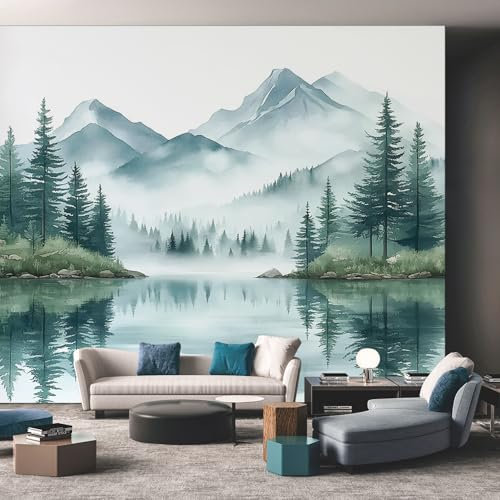 Sage Green Misty Forest Wallpaper - Watercolor Nature Foggy Mountain Lake Pine Tree Wall Mural - Wall Murals for Living Room Bedroom - Photo Wallpaper & Home Decor Art - 150 x 105 cm A610