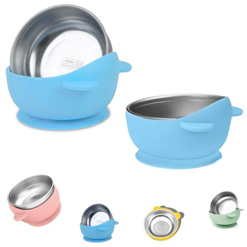 ZeiLaBang Kakadi Pack of 2 Baby Bowls with Suction Cup, 2 in 1 Anti-scald Baby Bowls with Suction Cup, Stainless Steel, 2-in-1 Stainless Steel & Silicone Children's Bowl, Silicone Suction Food