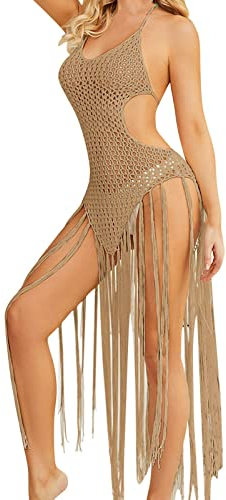 Generisch Combinaison sexy pour femme - Robe de plage avec pompons - Longue - Dos nu - Bikini de plage - Couverture paréo, kaki, taille unique