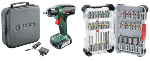 Bosch Akkuschrauber EasyDrill 12 (Akku, Ladegerät, Schrauberbit, Softcase (12 V, 1,5 Ah, 20 mm Bohr-Ø in Holz)) + 43x Extra Hard Schrauberbit-Set, 43‑tlg. (197 x 110,5 mm, Professional Zubehör)