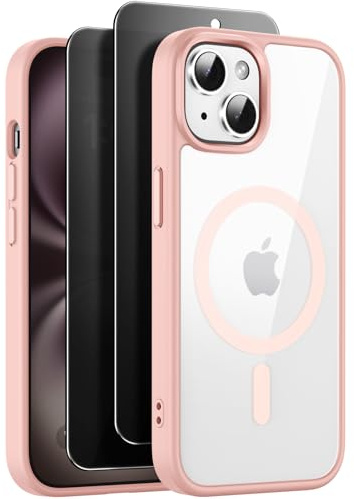 Coque Magnétique pour iPhone 15 6,1 Pouces Compatible avec MagSafe avec 2 Verre Trempé Anti-Espion [Protection Militaire] Mince Étui Protection Antichoc Bumper Housse Transparent Case Cover, Rose